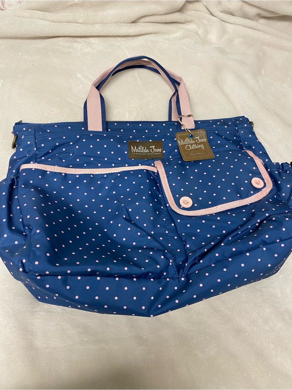 Matilda Jane Navy Polka Dot Tote with Pink Accents
